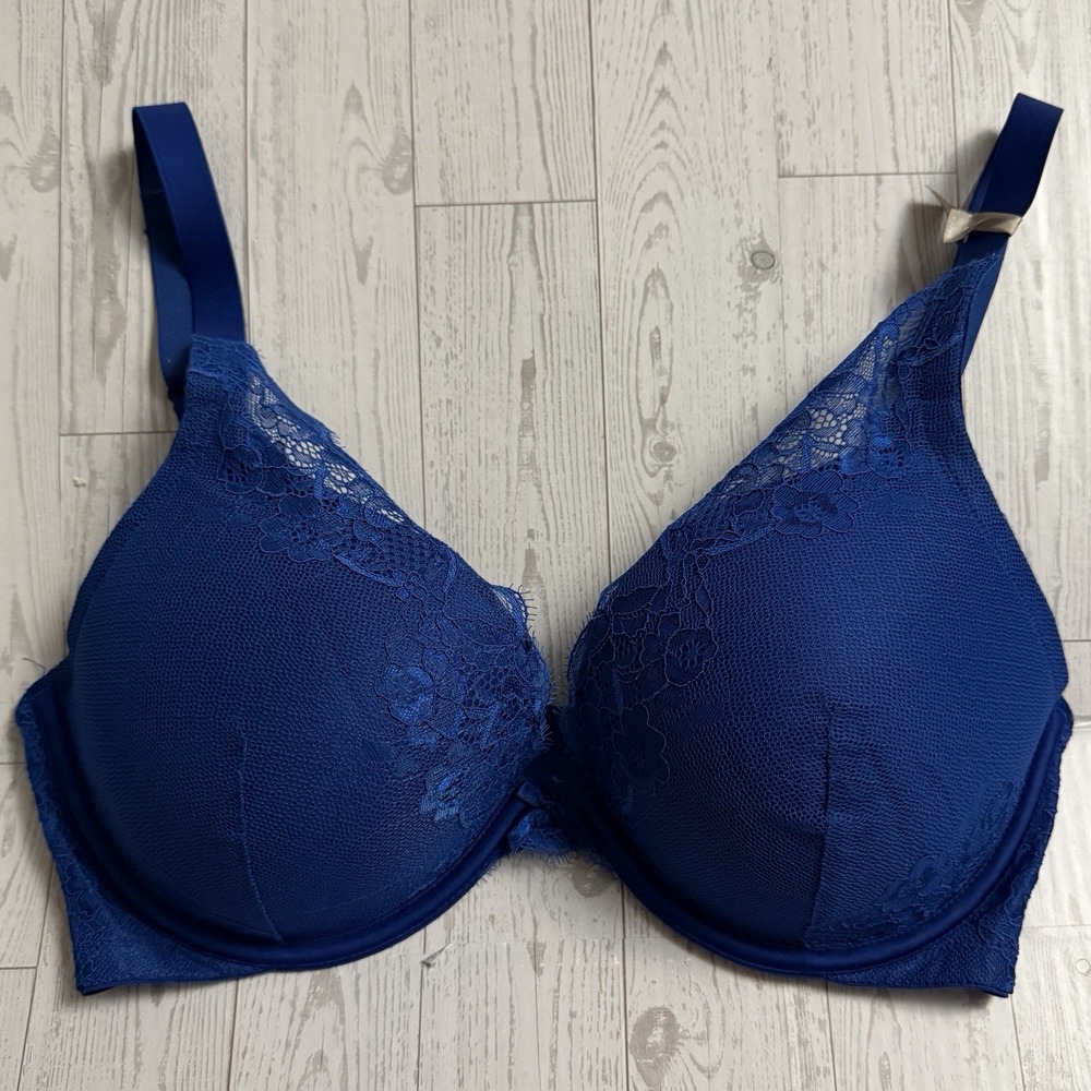 AMBRIELLE Bright Blue Push-up Plunge Lace Underwire Bra Size 36DD NWOT‎